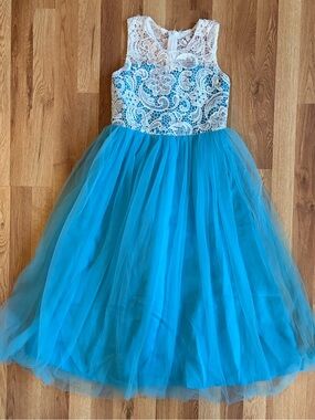 Girls White Lace Bodice Teal Tulle Party Dress